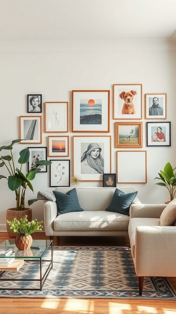 A cozy living room with an eclectic art display on the wall, featuring various framed artworks and a comfortable sofa.