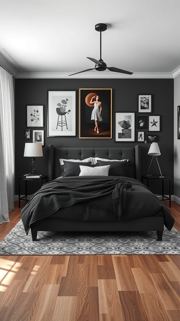 A dark feminine bedroom featuring eclectic art displays on the walls, with a mix of framed artwork and a cozy bed.