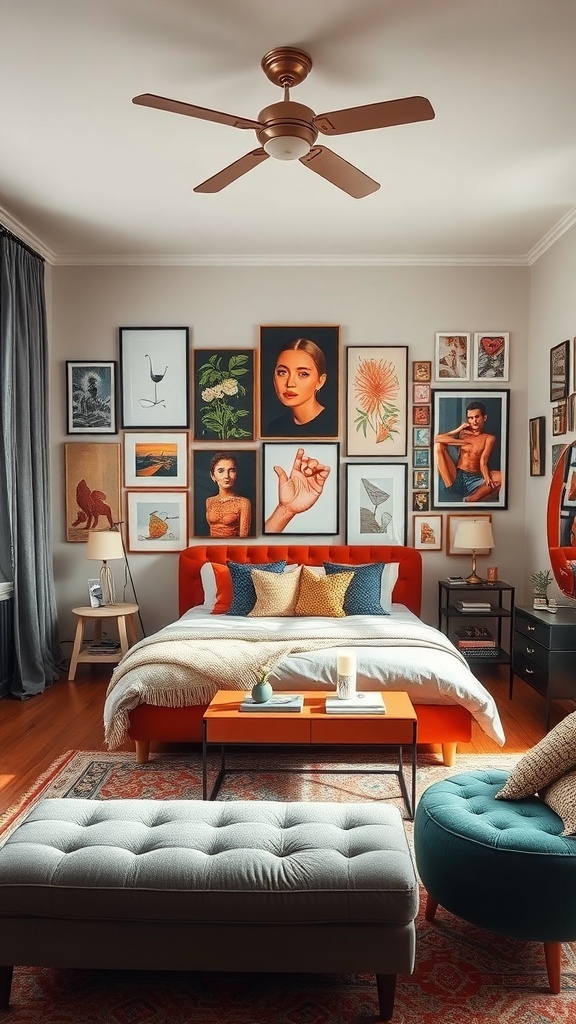 A cozy bedroom with an orange bed, eclectic art on the walls, and stylish furniture.
