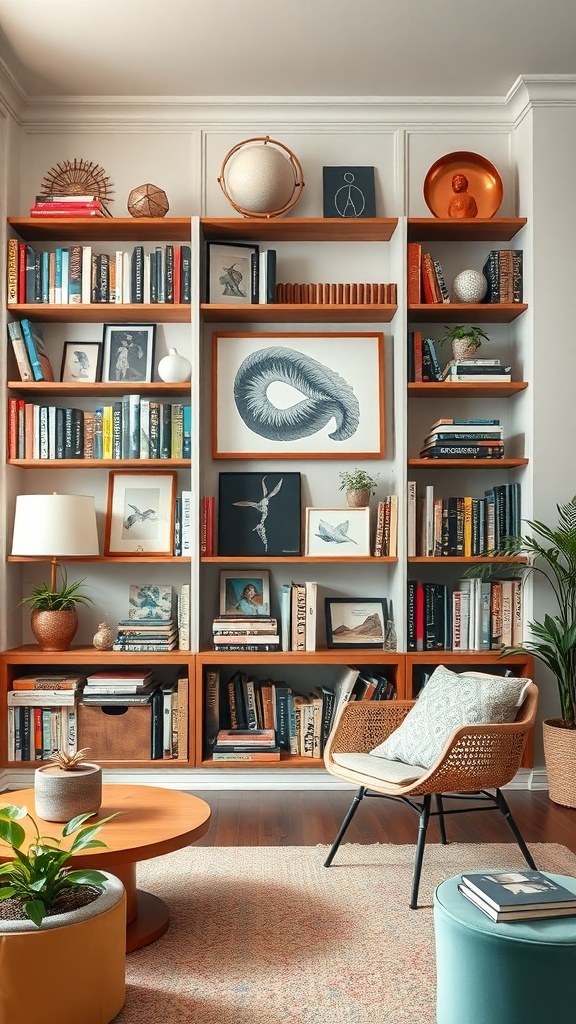 A stylish eclectic bookshelf arrangement featuring books, art, and decorative items.