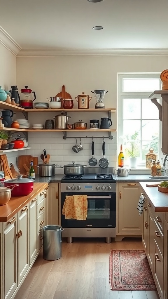 A cozy kitchen featuring an eclectic collection of cookware on open shelves, with colorful pots, pans, and utensils.