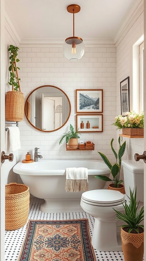 A stylish bathroom featuring white subway tiles, a round mirror, woven baskets, plants, and a patterned rug.