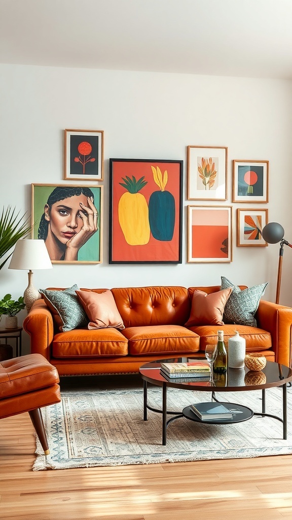 Cozy living room with a cognac couch, colorful art on the walls, and a modern coffee table.