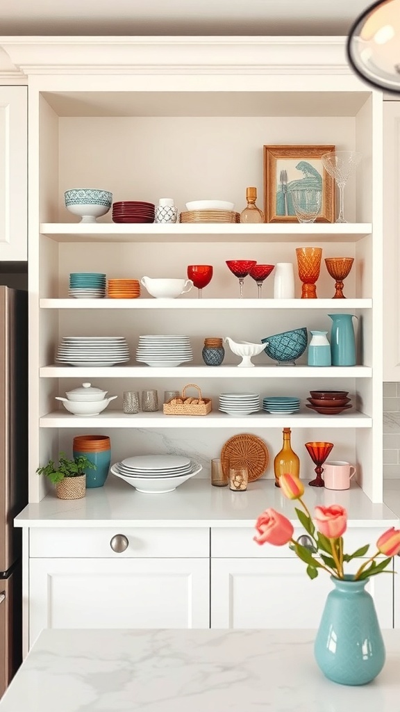 Colorful kitchen shelf displaying a variety of eclectic dishware.