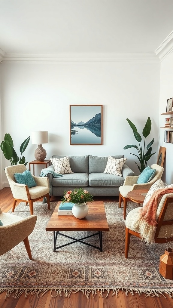 Cozy boho living room with eclectic furniture arrangement, featuring a gray sofa, patterned armchairs, wooden coffee table, and potted plants.