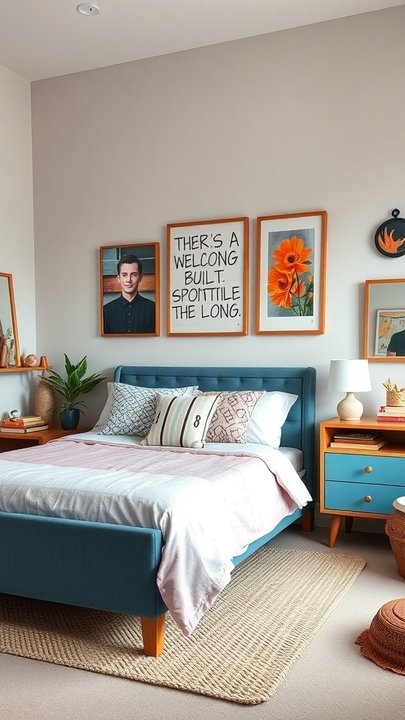 A cozy teen bedroom featuring a blue bed, colorful art on the walls, and eclectic furniture choices.