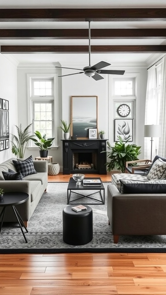 A stylish black and white living room with modern furniture, wooden beams, and plants.