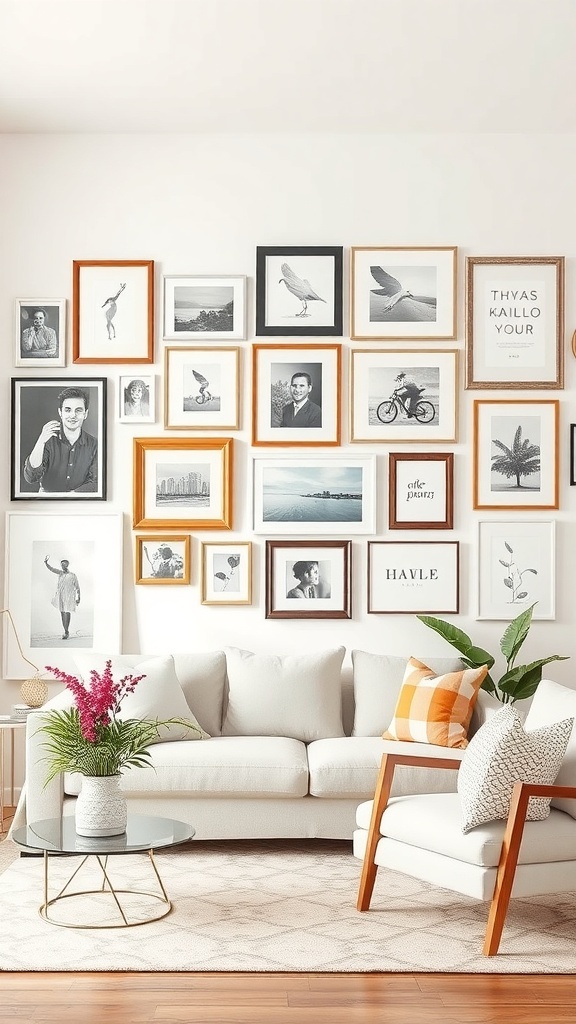 Gallery wall with an eclectic mix of frames featuring various artworks and photographs