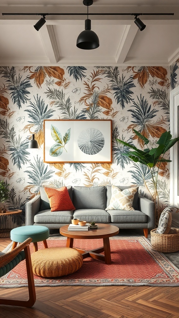 A cozy living room with tropical patterned wallpaper, a gray sofa, colorful cushions, and natural decor elements.