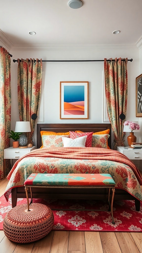 A cozy bedroom featuring an eclectic mix of patterns with floral bedding, patterned curtains, and colorful accessories.