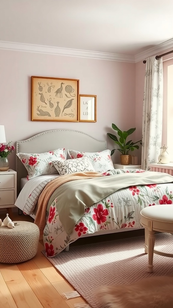 A shabby chic romantic bedroom with floral bedding, soft colors, and eclectic decor.