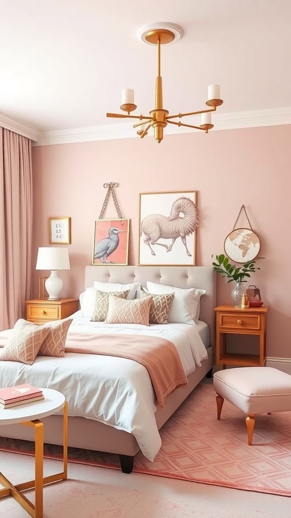 A cozy pink bedroom with gold accents, featuring a chandelier, layered bedding, and playful wall art.