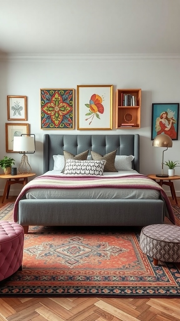 A stylish bedroom featuring a grey bed frame, colorful artwork, and a patterned rug