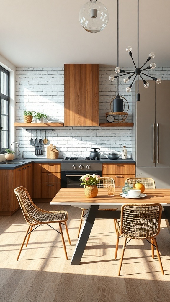 A stylish kitchen featuring wooden cabinets, black countertops, woven chairs, and unique light fixtures.