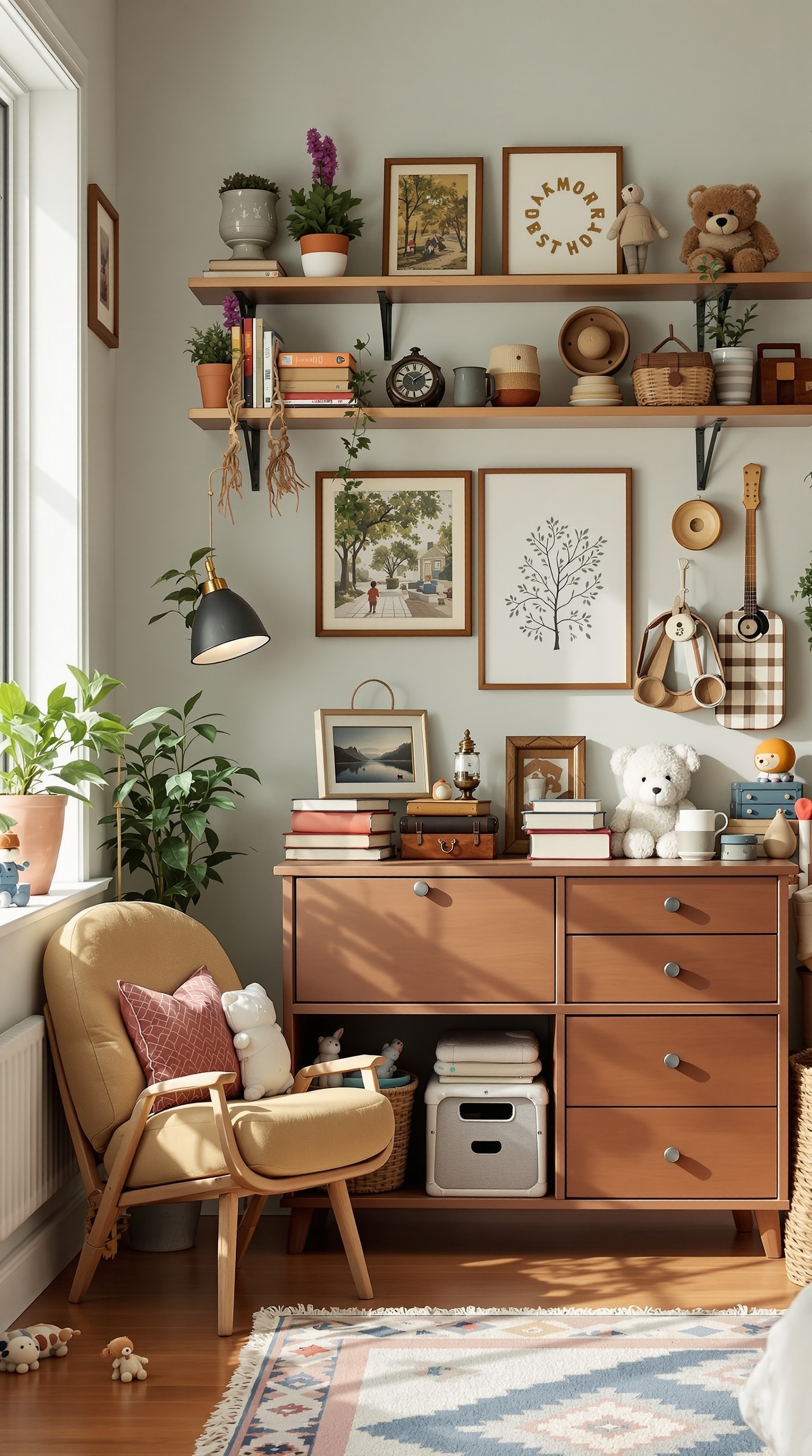 A vintage toddler room featuring eclectic accessories, including shelves with plants, framed art, a teddy bear, and a cozy chair.