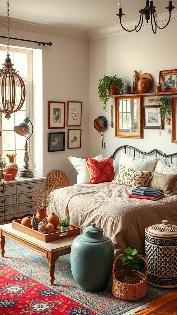 A cozy vintage bedroom featuring eclectic accessories, soft bedding, and decorative plants.