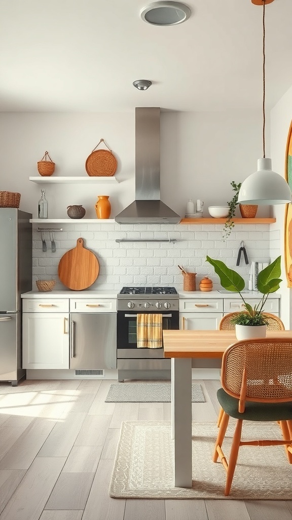 A modern kitchen featuring natural materials, plants, and a light color palette.