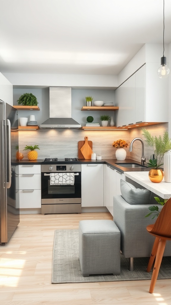 A modern kitchen featuring eco-friendly appliances, wood shelves, and plants.
