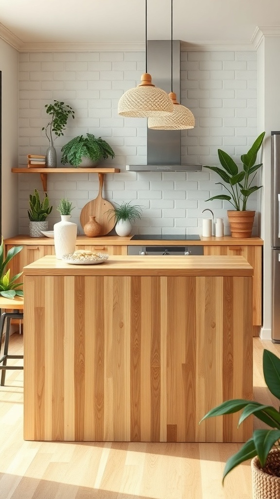 A modern kitchen featuring a bamboo island with plants and stylish decor.