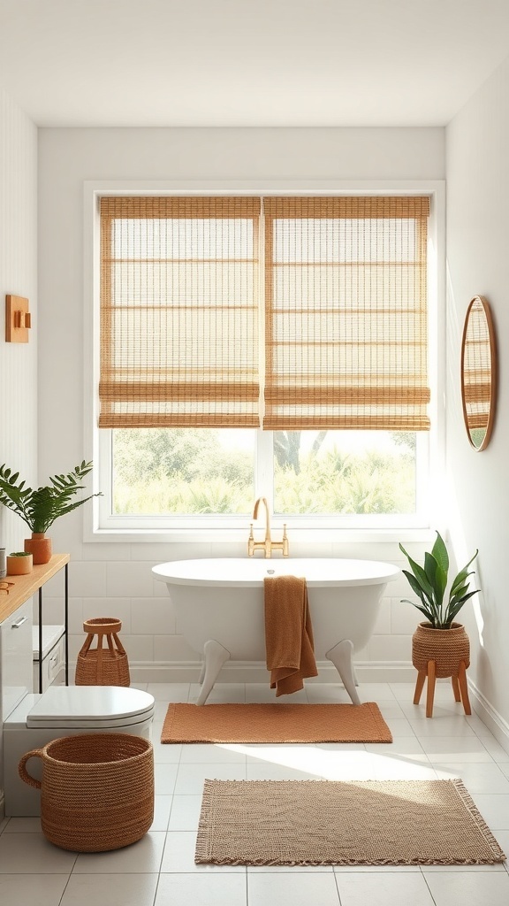 A bathroom featuring eco-friendly bamboo shades, a freestanding bathtub, and natural decor elements.