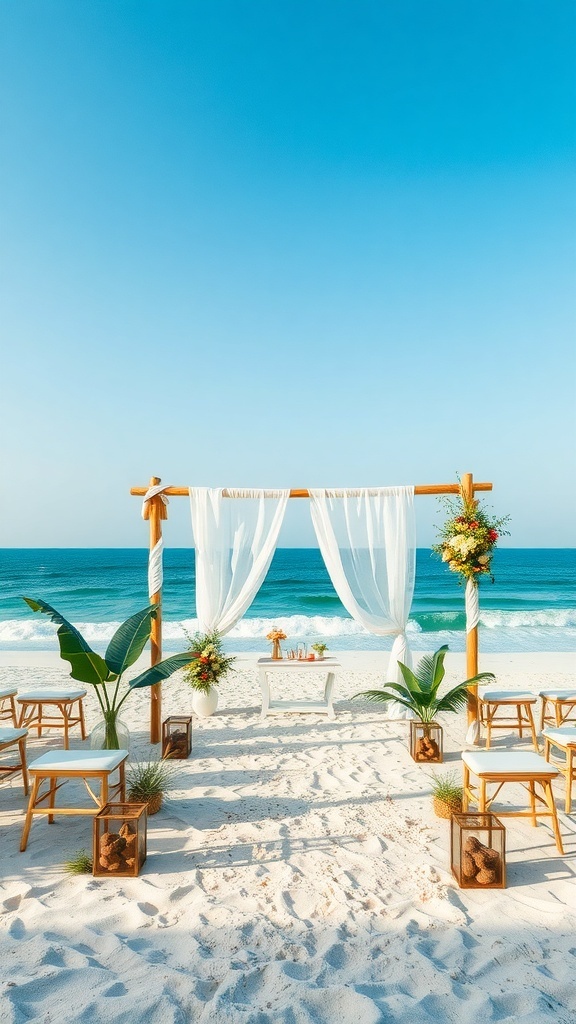 Eco-friendly beach wedding setup with wooden arch, white fabric, and natural decorations