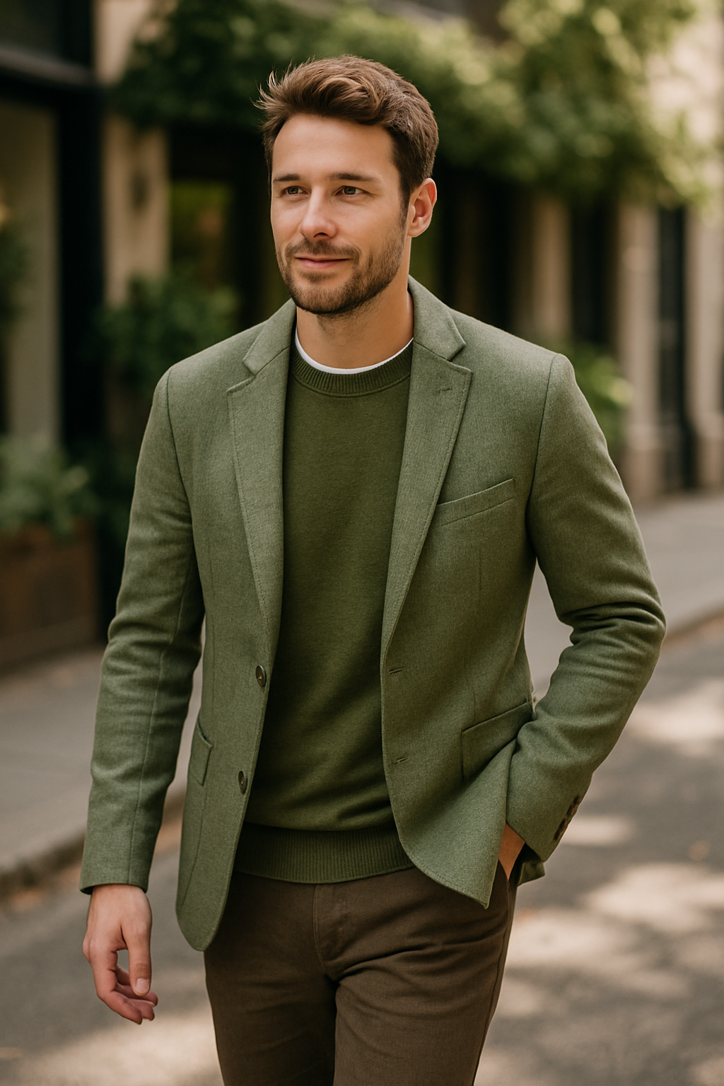 A man wearing a green blazer and sweater, walking outdoors.
