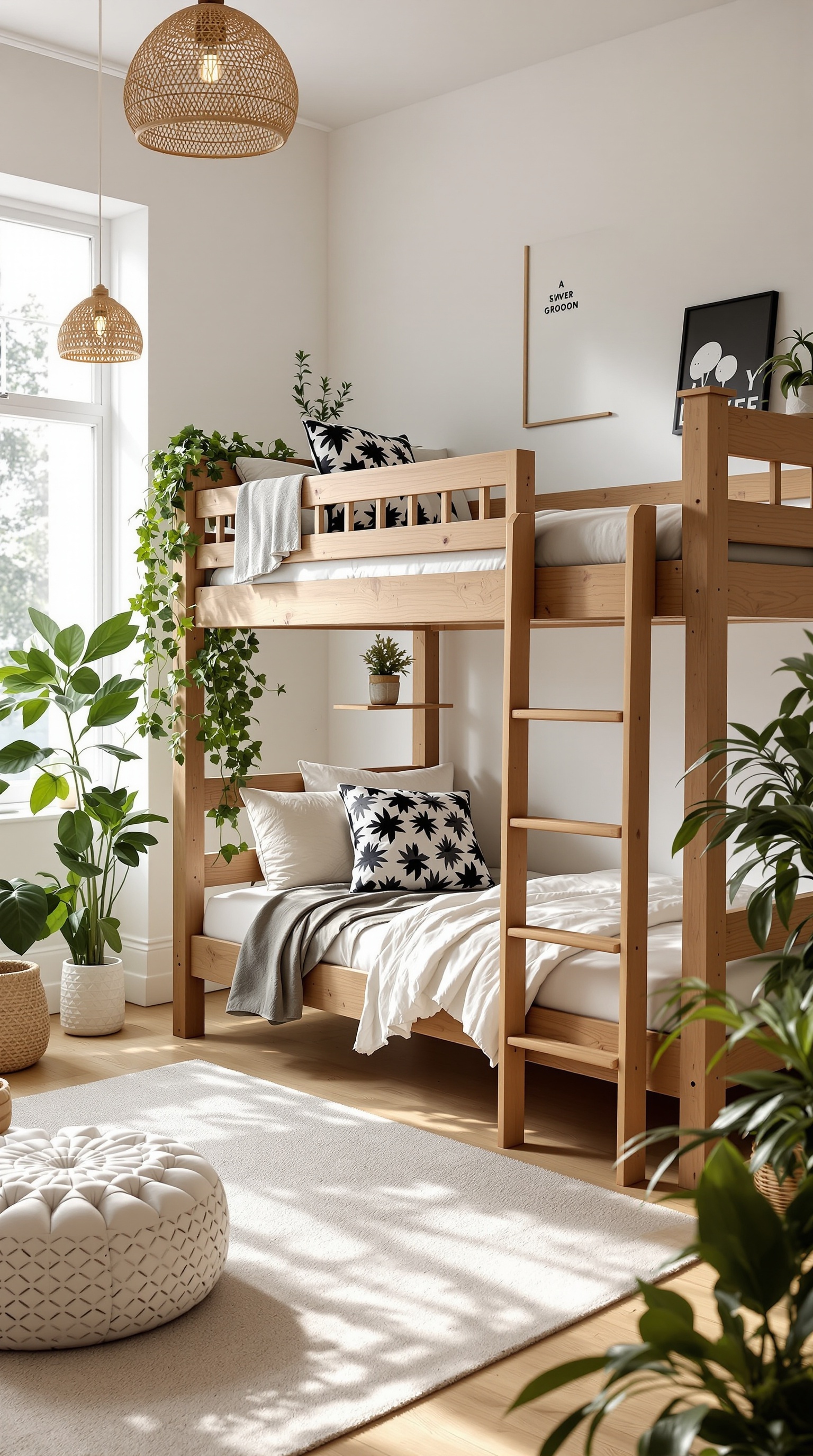 Eco-friendly wooden bunk bed with plants in a bright room