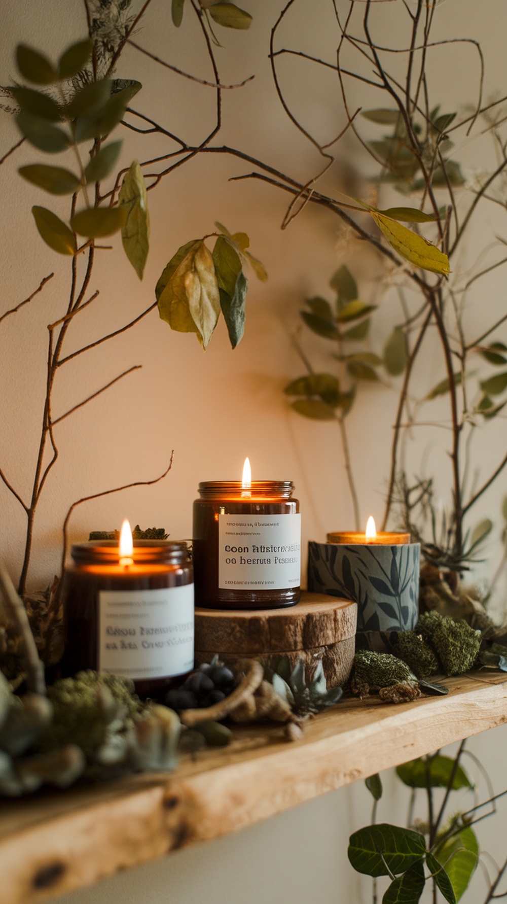 A display of eco-friendly candles on a wooden shelf surrounded by natural elements like leaves and moss.