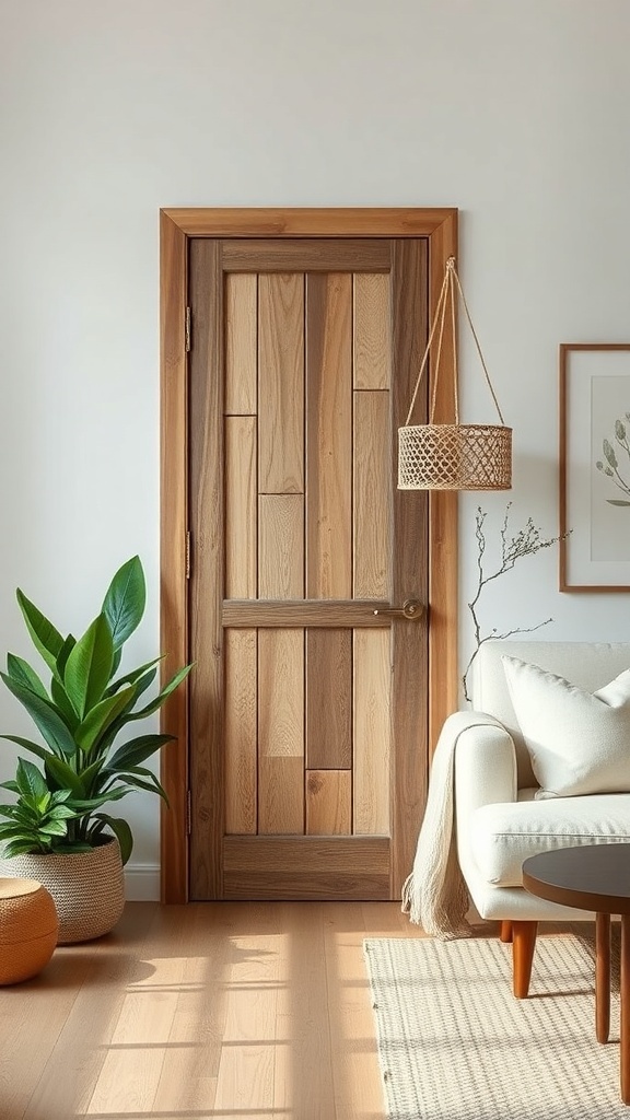 A wooden door with natural finish and eco-friendly decor in a cozy living room