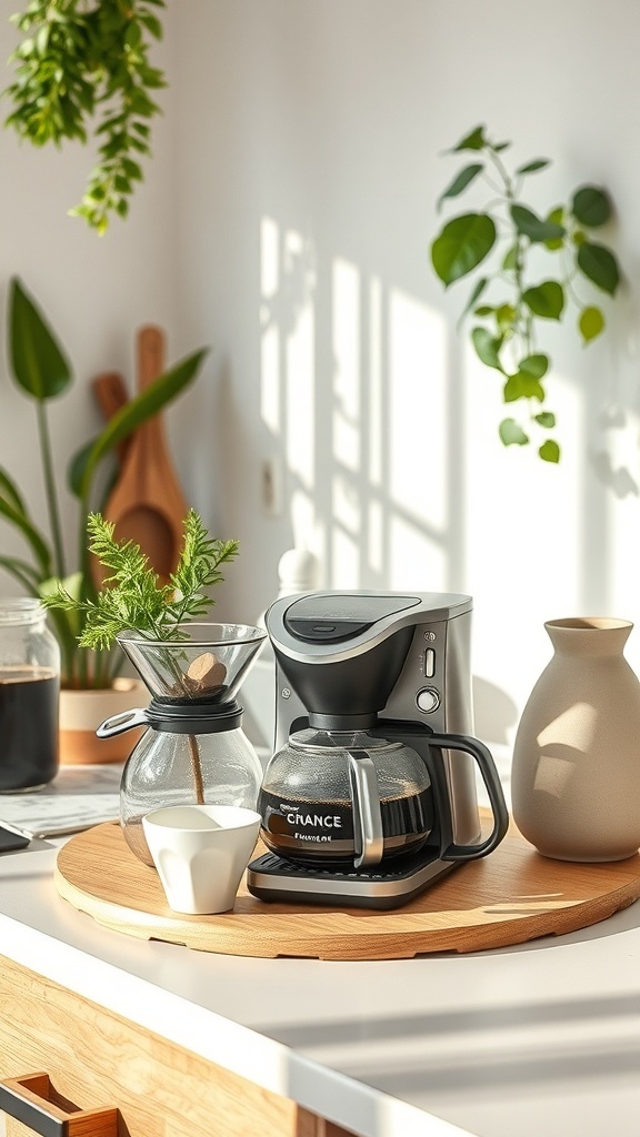 Eco-friendly coffee setup on a kitchen counter with a coffee maker, pour-over setup, and plants.