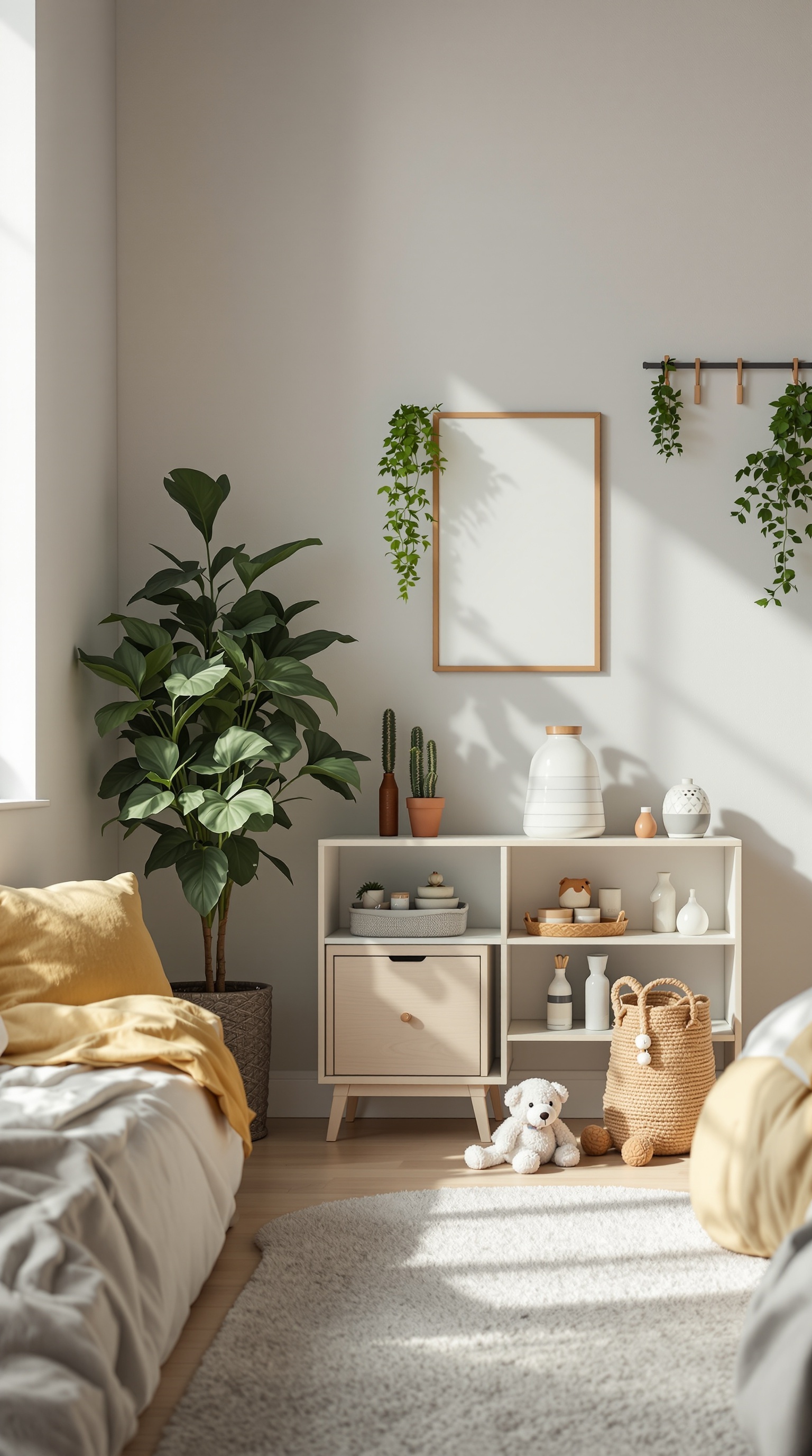 A cozy kids' room featuring plants, sustainable furniture, and soft decor.