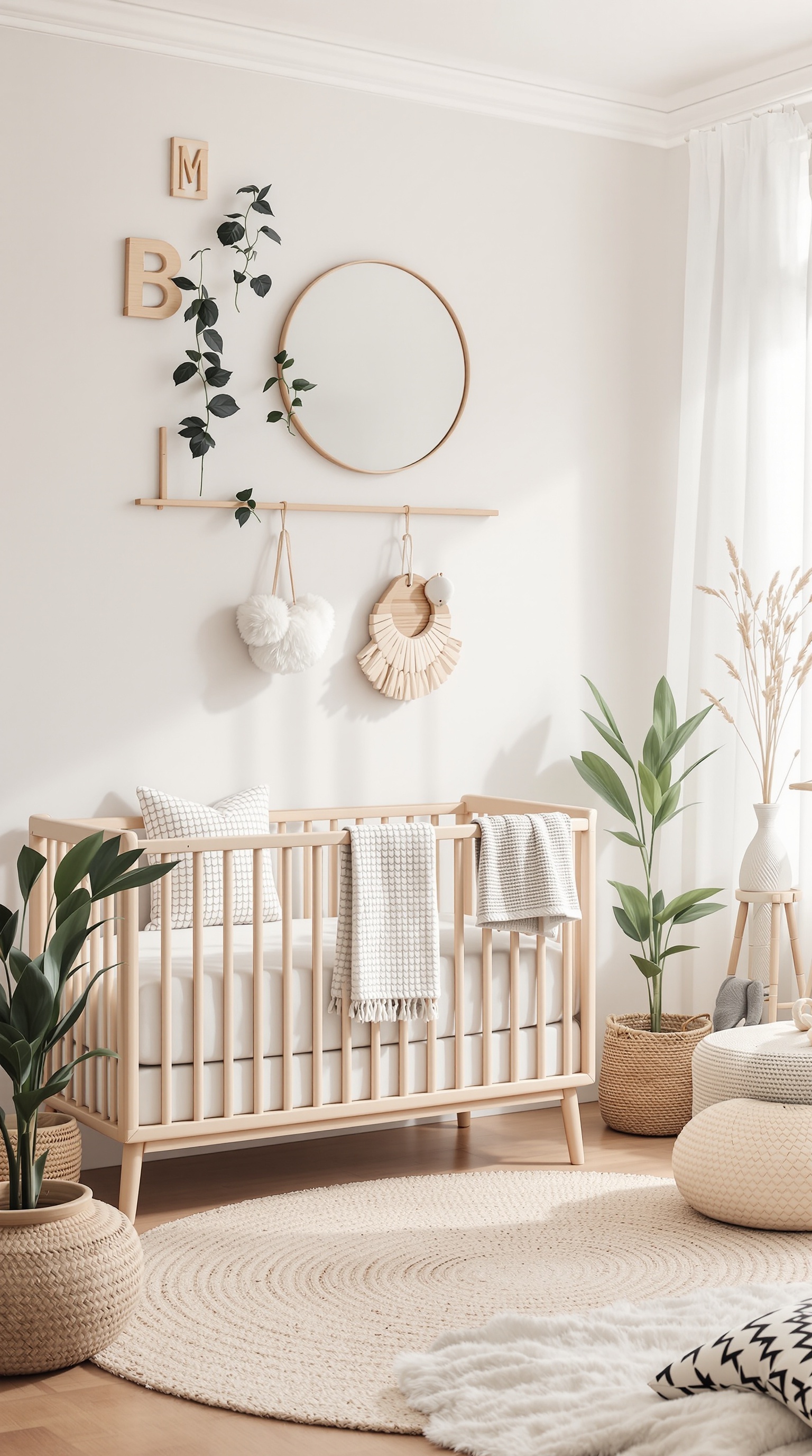 A cozy forest-themed baby room with a wooden crib, plants, and soft textiles.