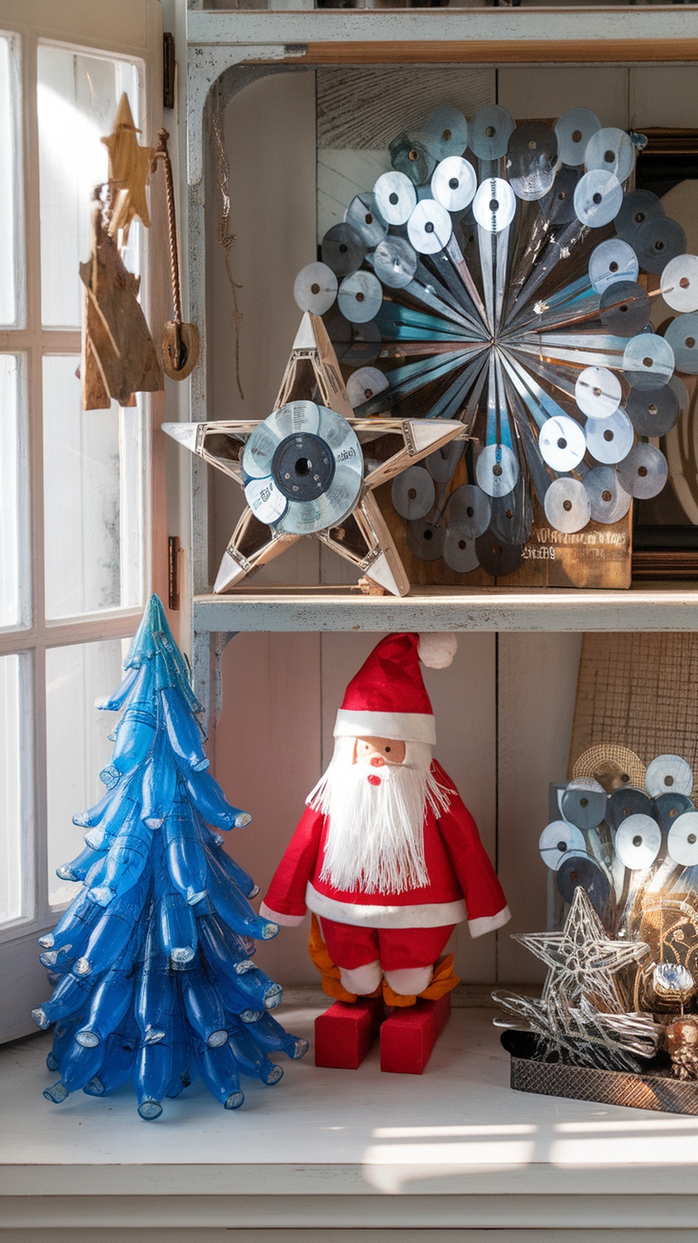 A festive display of eco-friendly Christmas decorations including a blue tree made from plastic bottles, a handmade Santa figure, and ornaments made from recycled materials.