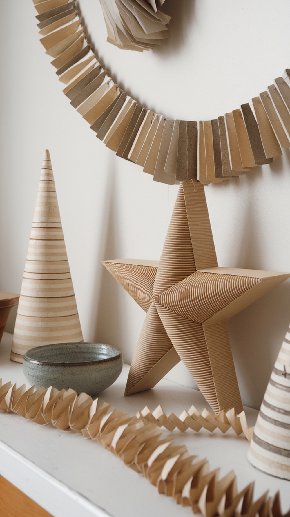 Minimalist Christmas decorations made from brown paper and cardboard, including a star, cones, and a garland.