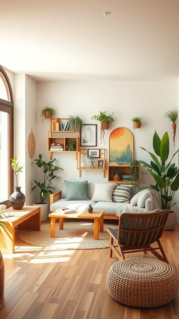Cozy living room with plants, wooden furniture, and natural light