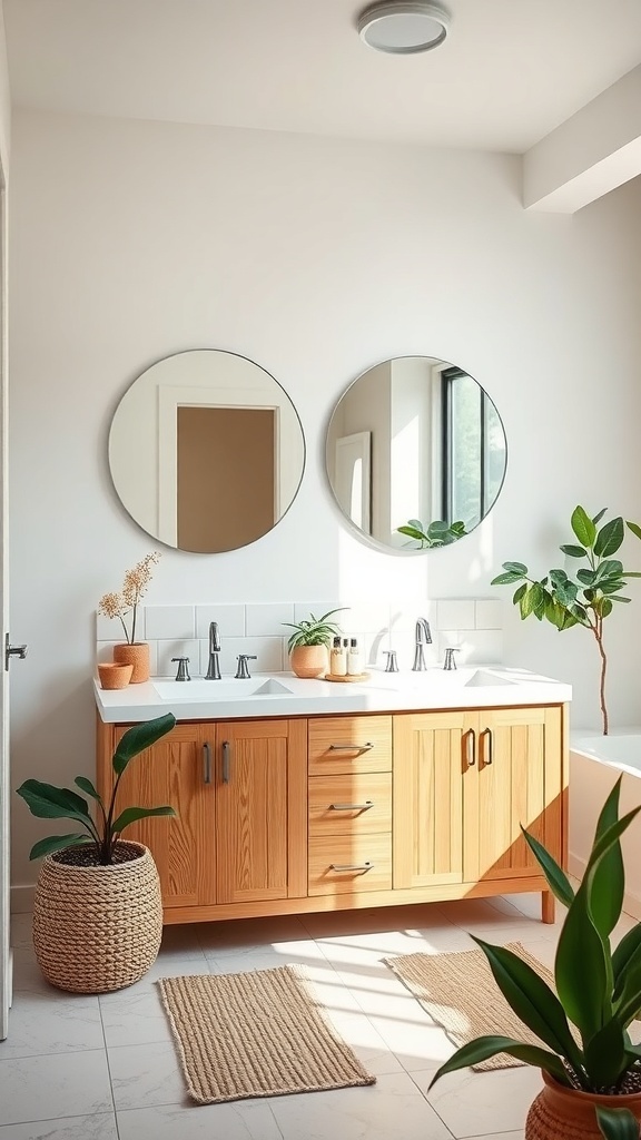 Eco-friendly dual vanity bathroom with wooden cabinets, circular mirrors, and indoor plants