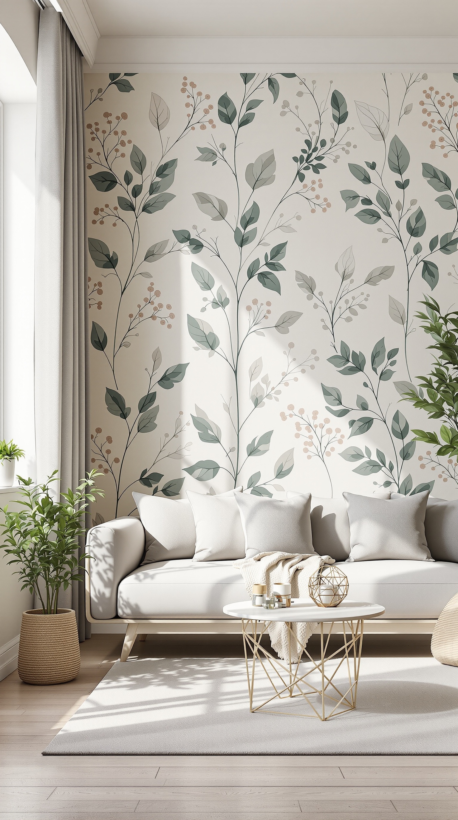 Eco-friendly family wallpaper with leafy patterns in a bright living room