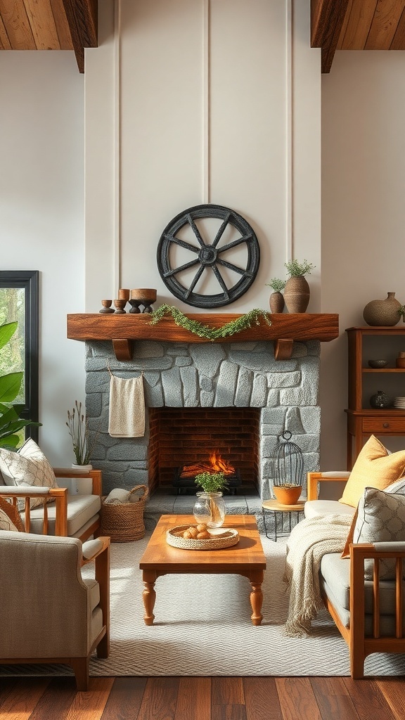 A rustic farmhouse fireplace with a stone structure, wooden mantel, and cozy seating area.