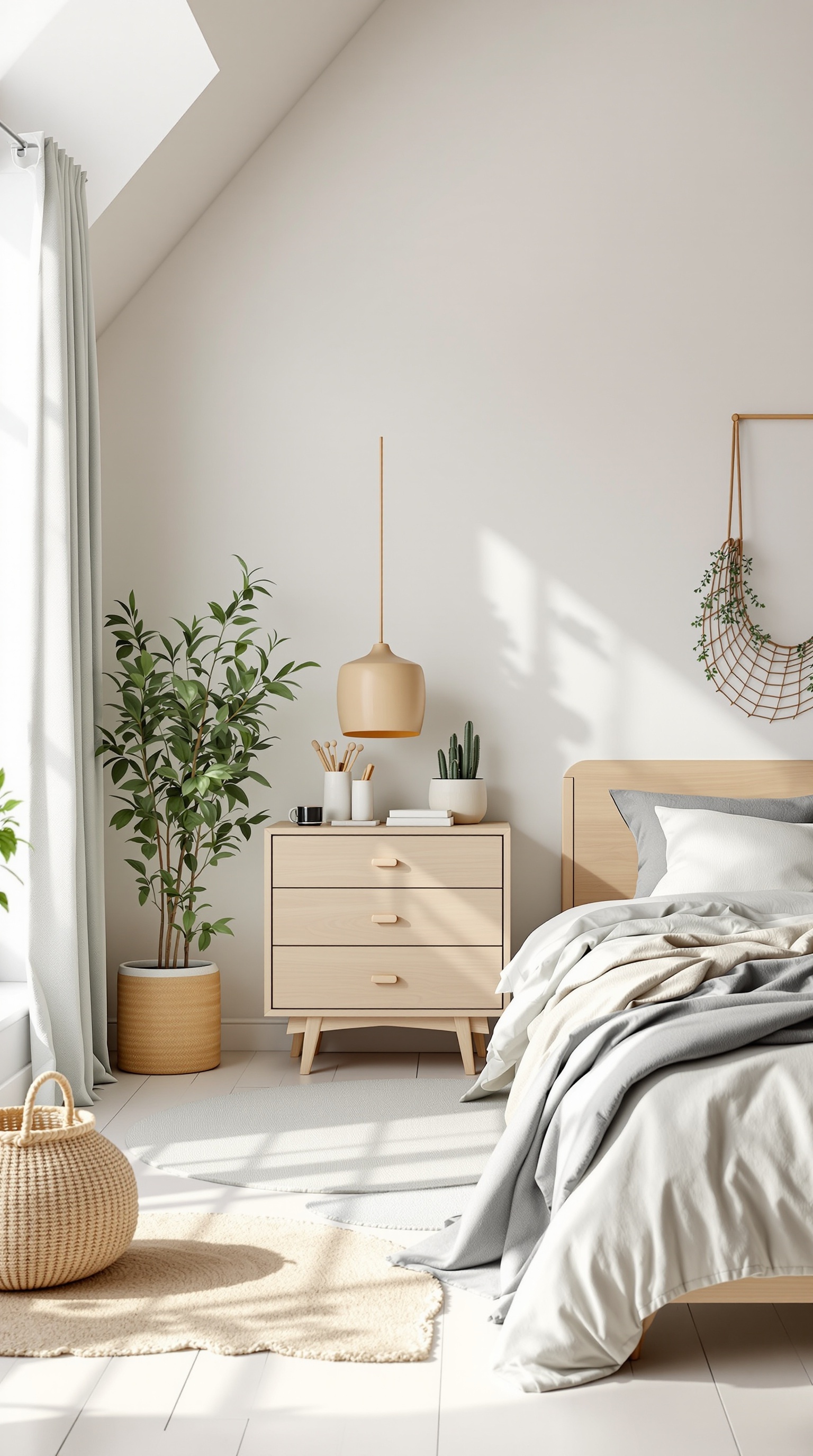 A bright kids bedroom featuring eco-friendly furniture, plants, and soft textures.