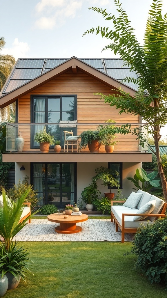 A one-storey eco-friendly home with solar panels, surrounded by greenery and a cozy outdoor seating area.