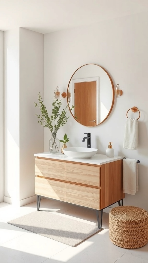 A modern bathroom vanity made of sustainable wood with a round mirror and greenery.