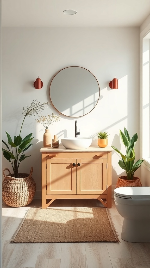 Single sink bathroom vanity made from eco-friendly materials, surrounded by plants and natural decor.