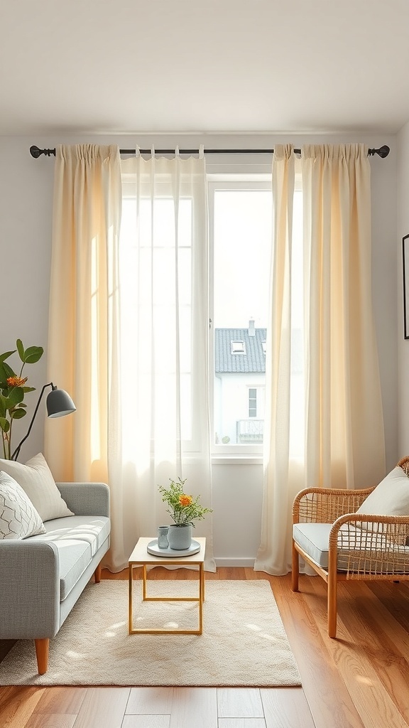 A cozy living room with sheer light-colored curtains, a gray sofa, and a small table with plants.