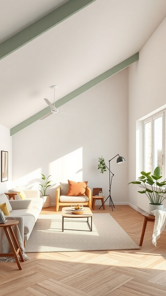 A bright living room with a slanted ceiling featuring a natural color scheme and eco-friendly decor.