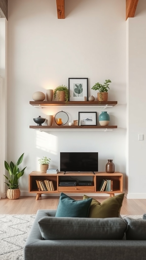 A stylish living room featuring eco-friendly wooden wall shelves with plants and decorative items.