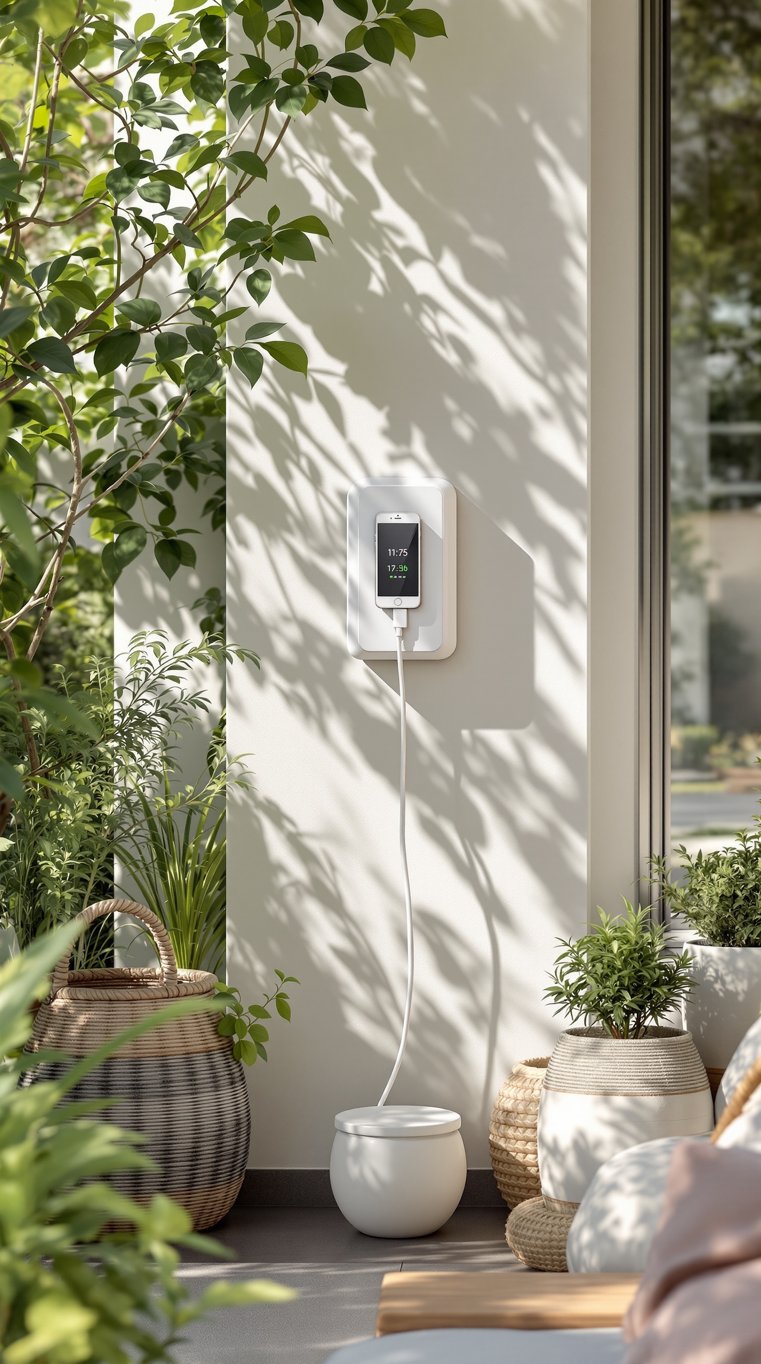 A solar charging station mounted on a wall with a smartphone plugged in, surrounded by plants and decorative pots.