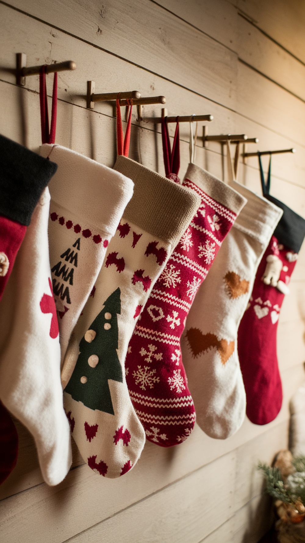 A collection of colorful Christmas stockings hanging on a wooden wall, featuring various festive designs.