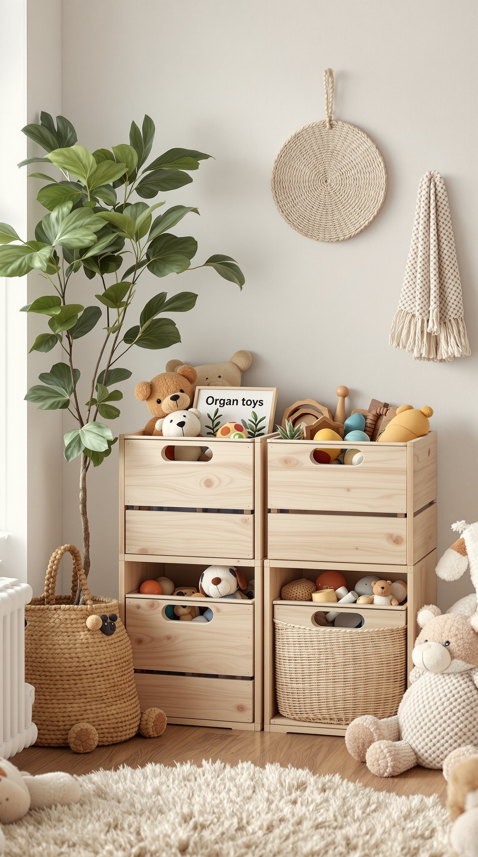 Eco-friendly wooden toy storage bins with a plant and plush toys in a cozy room.