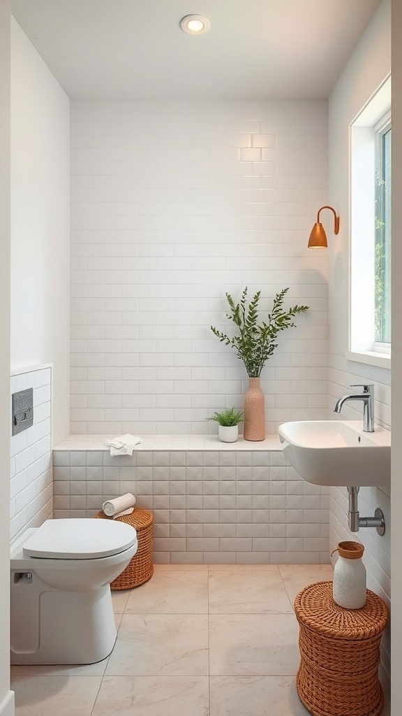 A small modern bathroom featuring eco-friendly fixtures and plants.