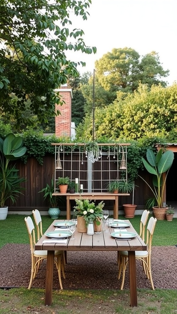A beautifully arranged outdoor dining table for a small wedding with greenery and eco-friendly decor.